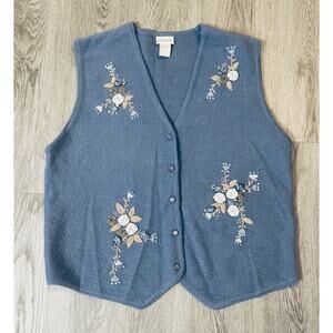 Vintage Embroidered Floral Appliqué 100% Wool Sweater Vest Sz Med Cottagecore
